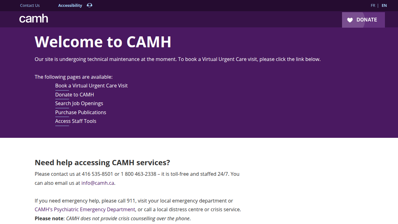 A screenshot of the Centre for Addiction and Mental Health (CAMH) webpage discussing pharmacotherapy options for anxiety disorders, including first-line medications like antidepressants.