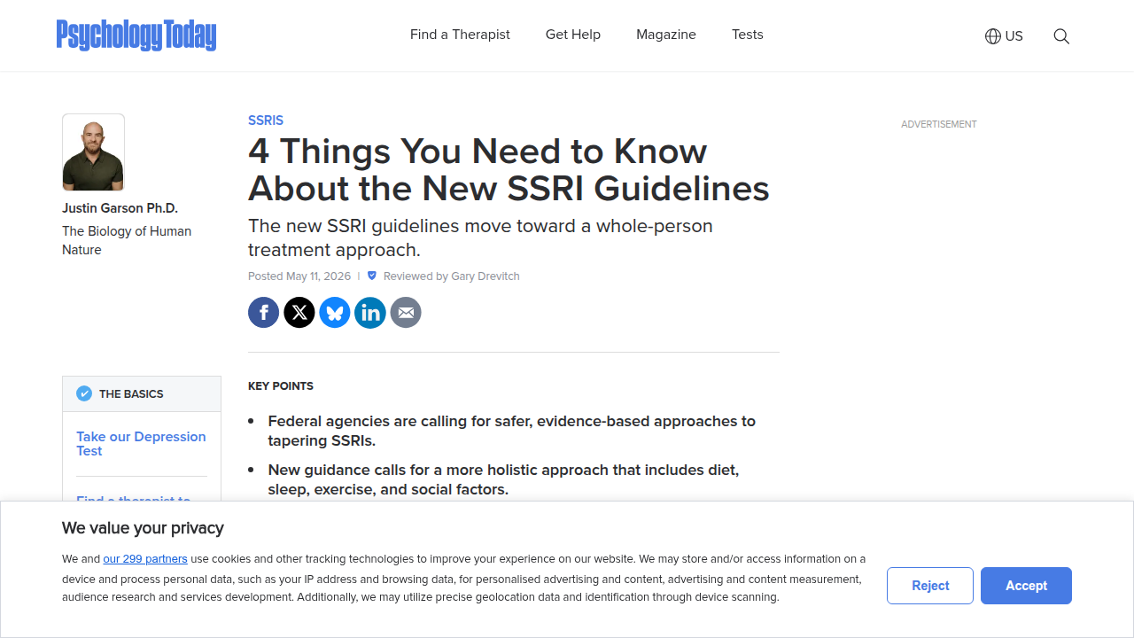 A screenshot of an article from Psychology Today, discussing new SSRI guidelines and emphasizing the importance of a holistic approach to mental health treatment.