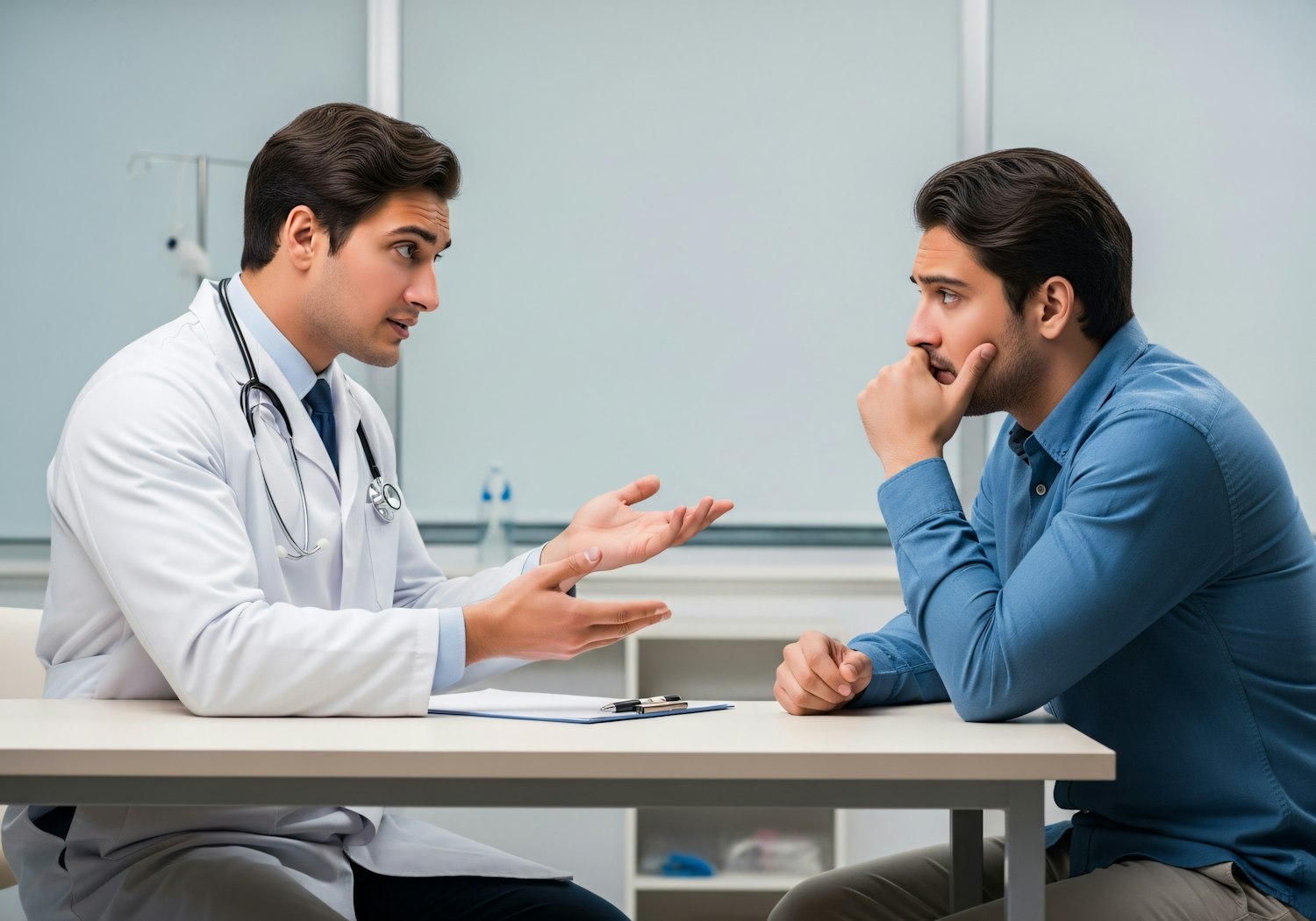 A person consulting with a therapist or doctor, symbolizing the collaborative approach of combining medication and psychotherapy for OCD.