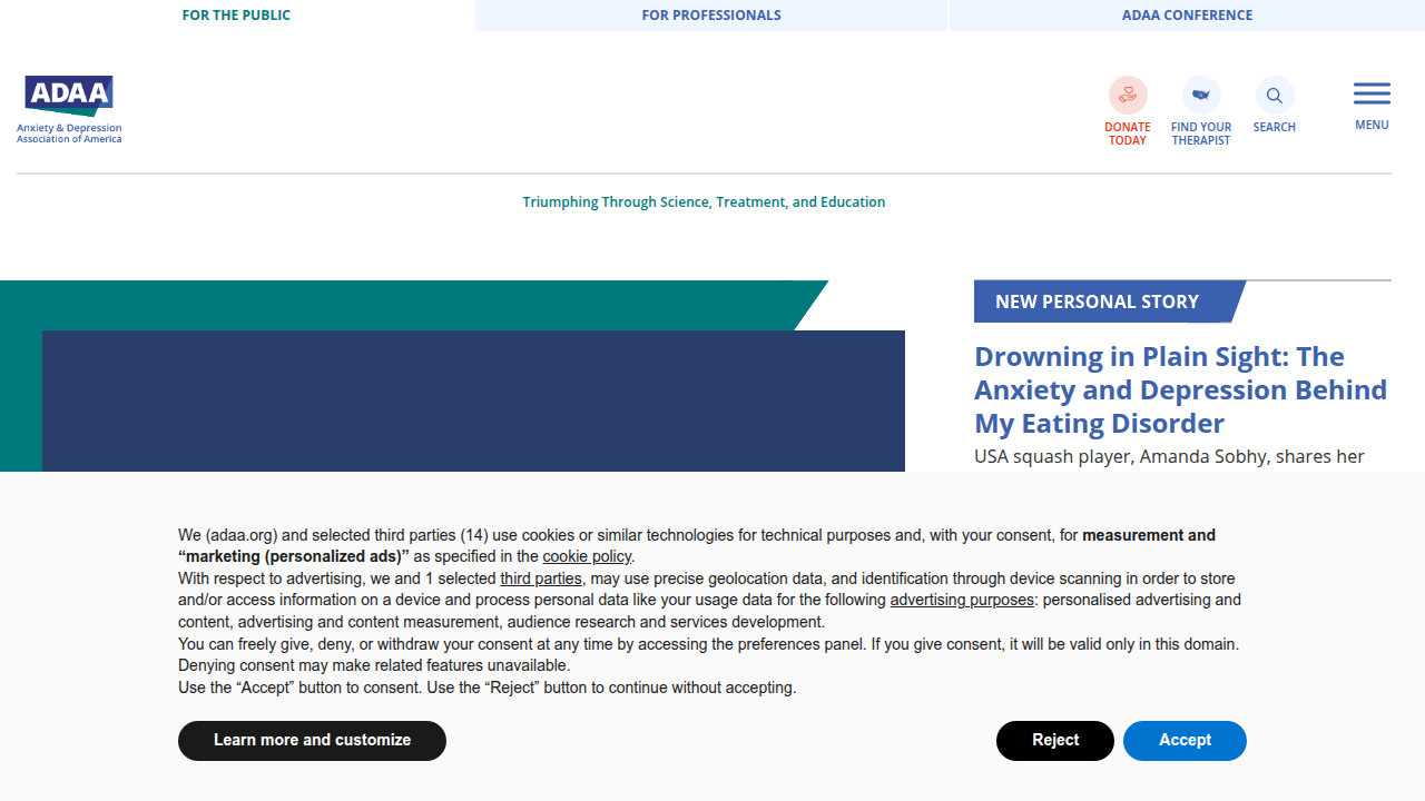 The homepage of the Anxiety & Depression Association of America (ADAA), an organization supporting those affected by anxiety and depressive disorders.