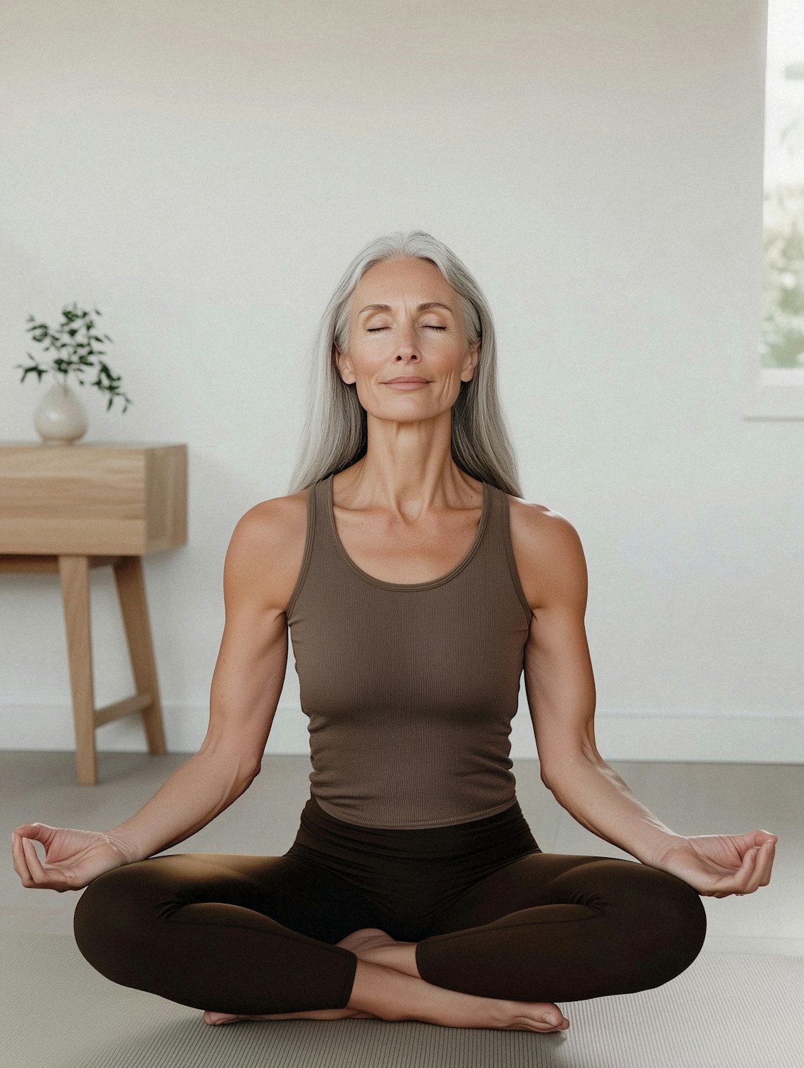 A person sits calmly, eyes closed or softly gazing, with one hand on their belly, demonstrating focused deep breathing.