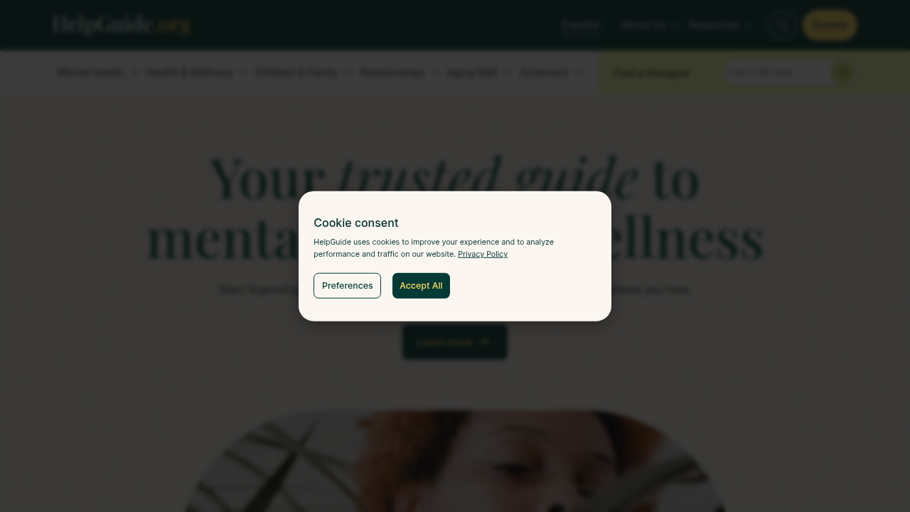 The homepage of HelpGuide.org, a reputable mental health resource, offering articles and tools for various well-being topics.