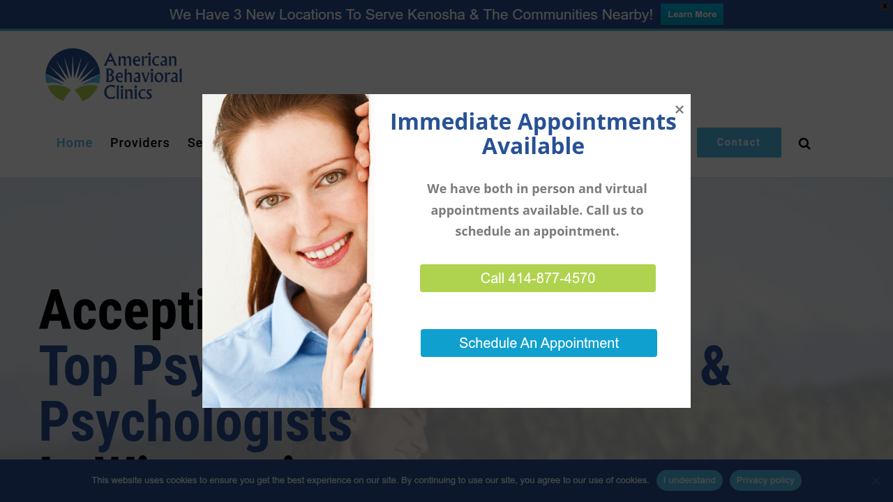 The American Behavioral Clinics homepage, highlighting their services for mental health and behavioral support.
