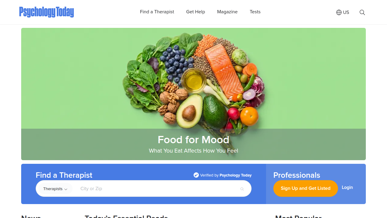 The homepage of Psychology Today, a widely used directory for finding licensed therapists and mental health professionals.