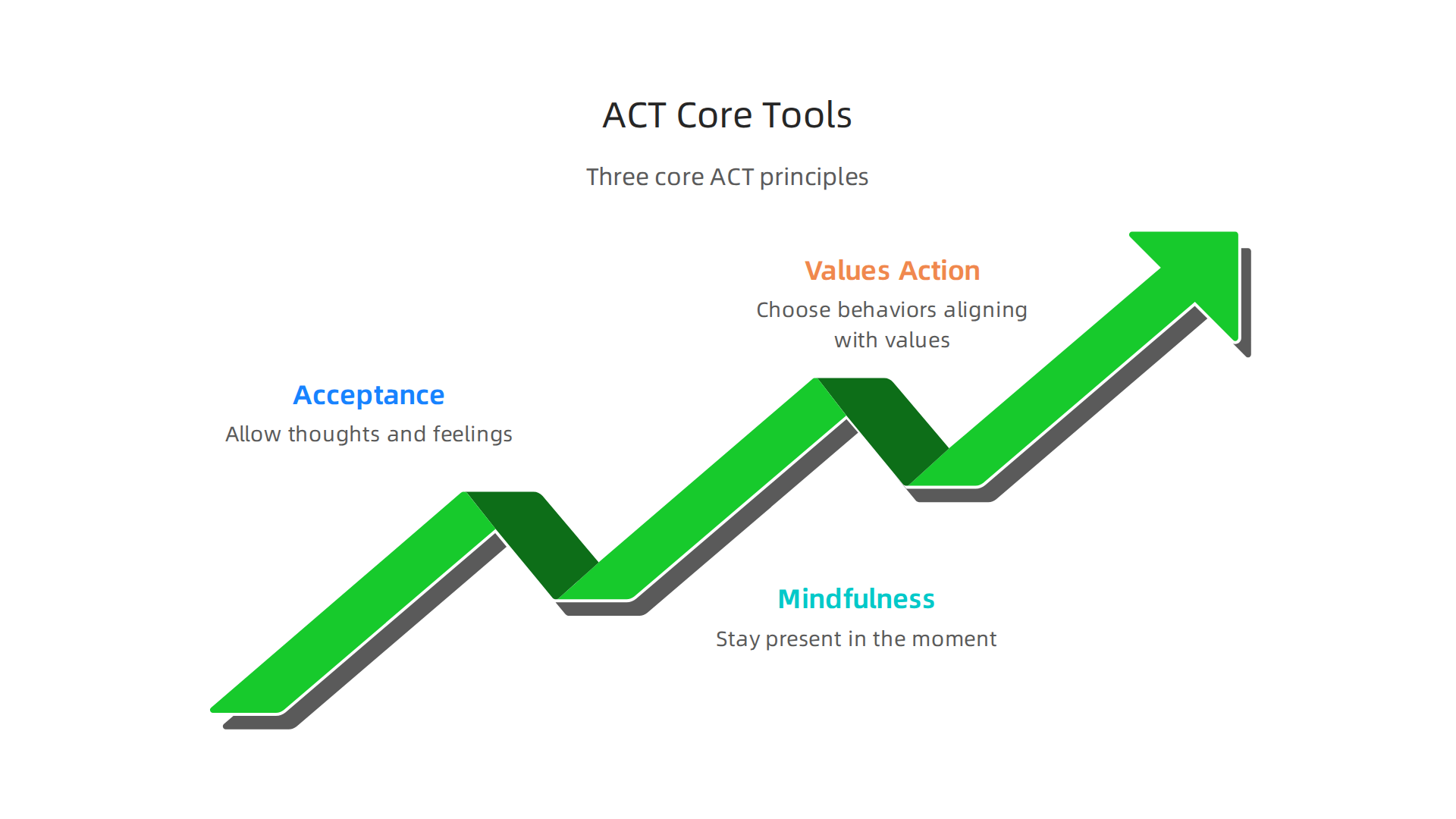 The three core principles of Acceptance and Commitment Therapy (ACT) for mental well-being.