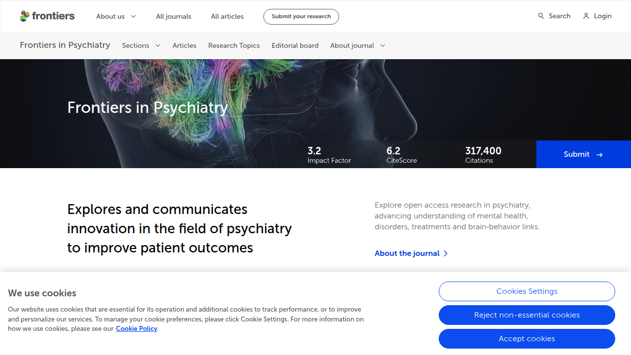 Screenshot of the Frontiers in Psychiatry journal website, showcasing research articles on various psychiatric topics.