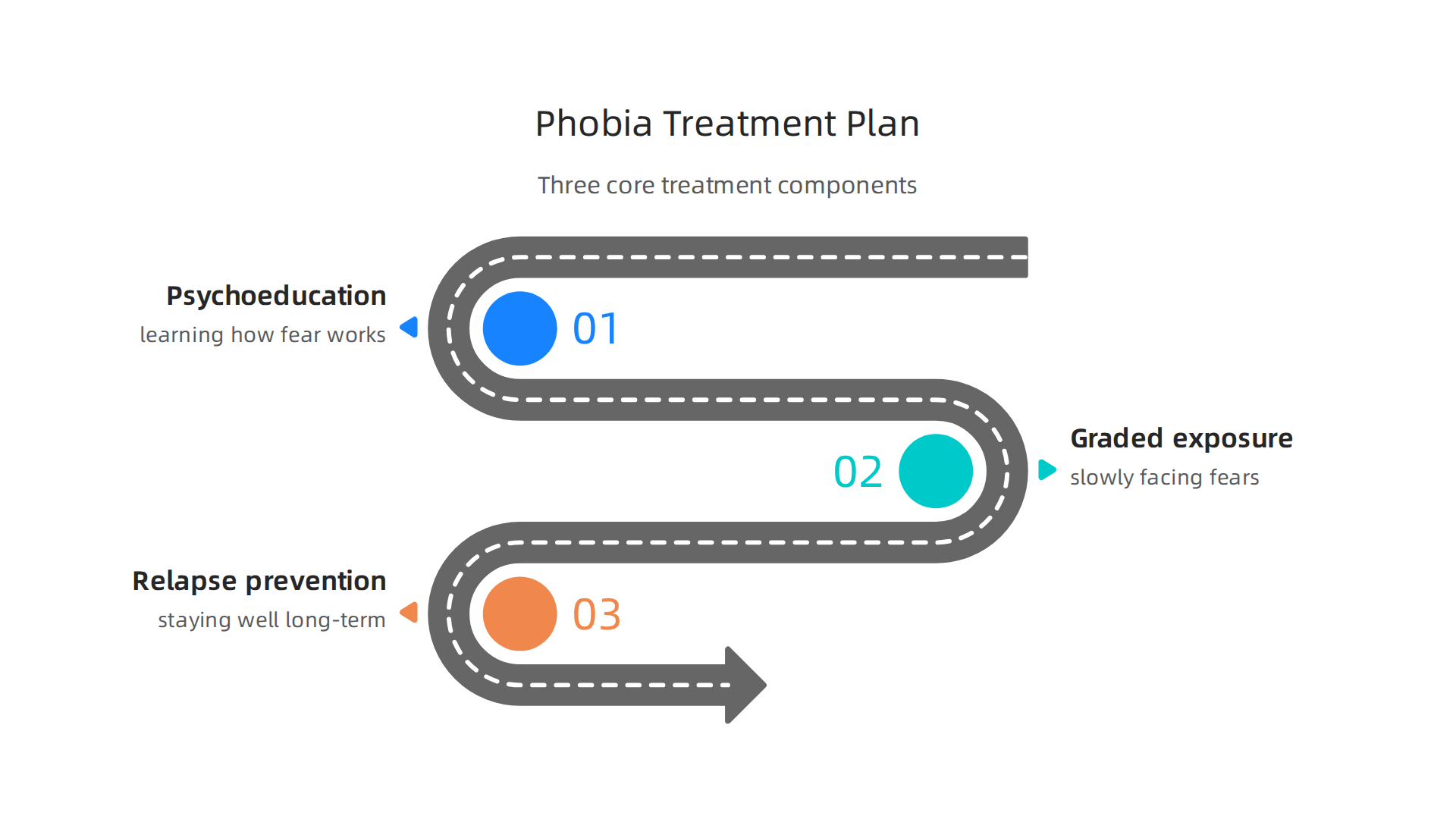 The three core components of a comprehensive treatment plan for specific phobias.