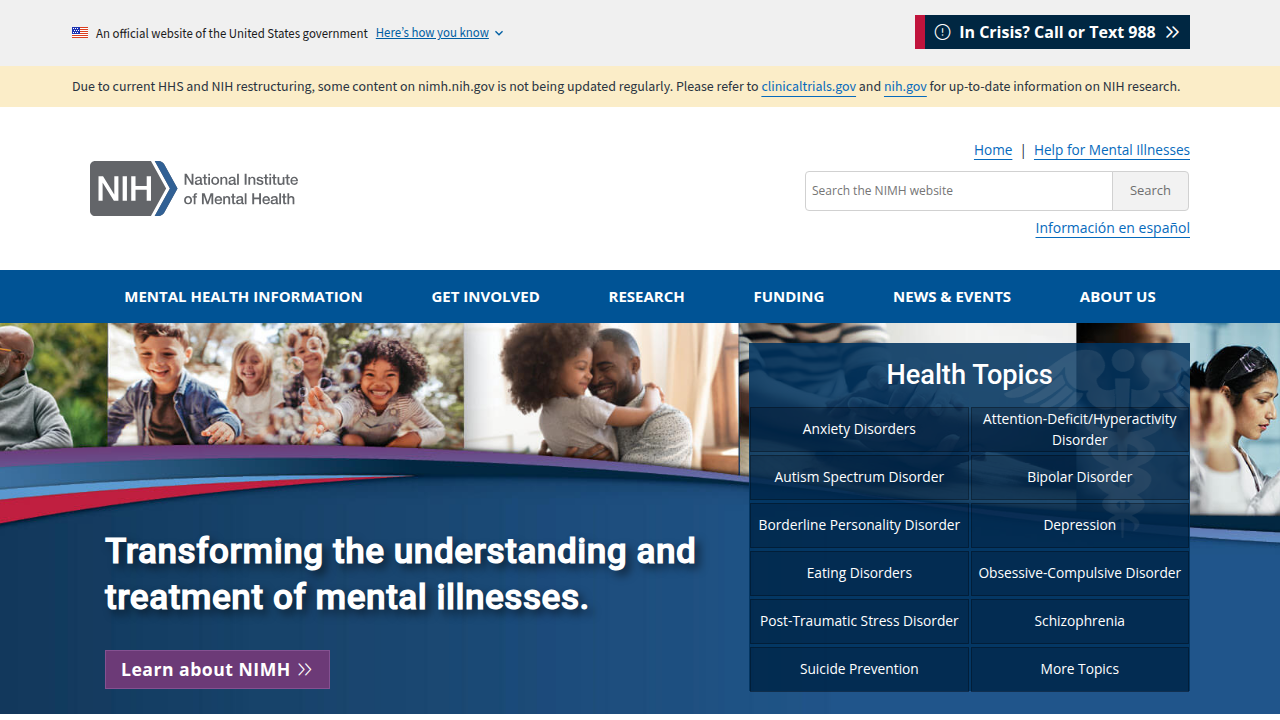 Screenshot of the National Institute of Mental Health (NIMH) homepage, a key resource for mental health statistics and information.