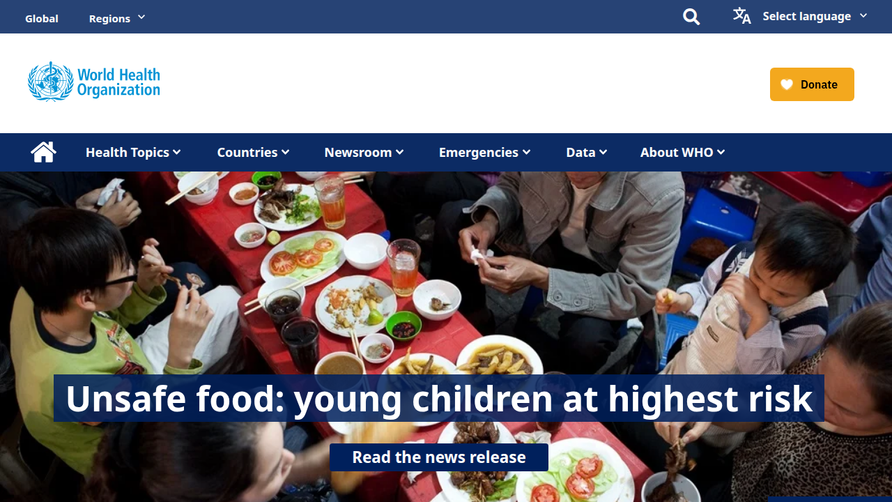 Screenshot of the World Health Organization (WHO) homepage, a global authority on public health and well-being.