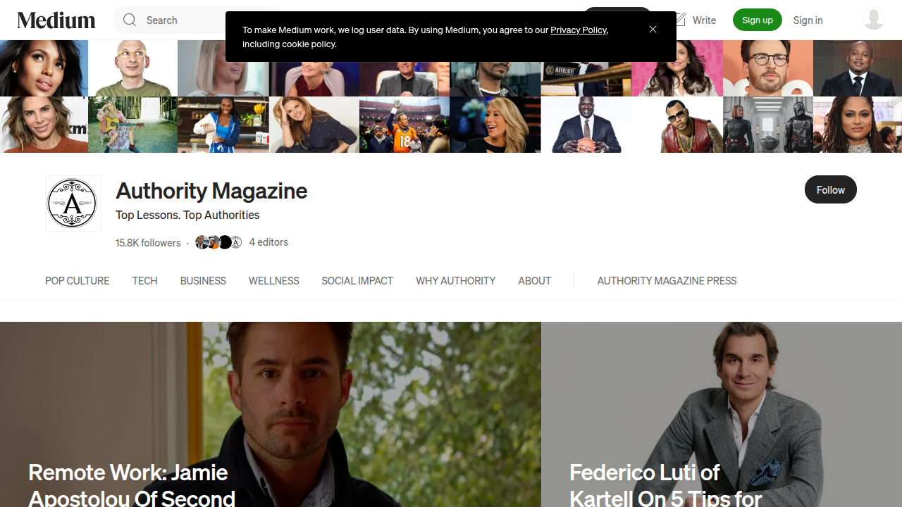 Screenshot of the Authority Magazine homepage, known for its interviews and articles on leadership and wellness.