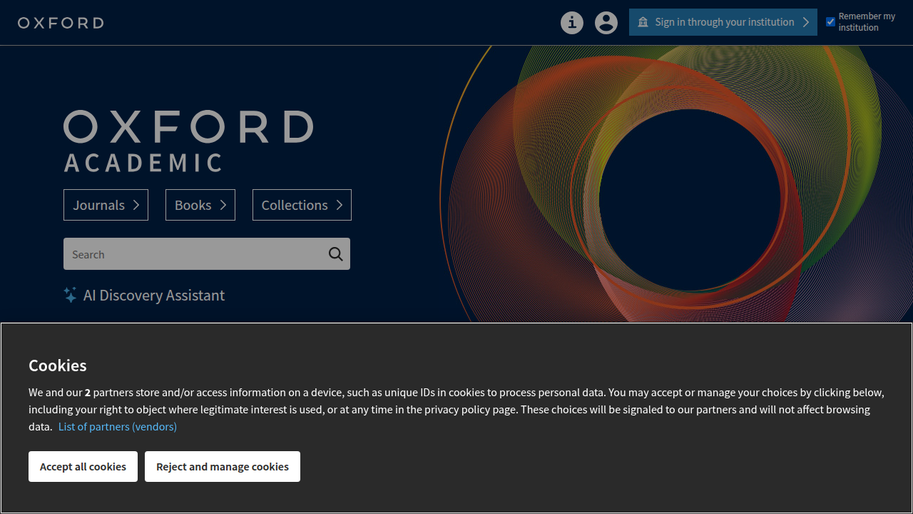 Screenshot of the Academic Oxford University Press homepage, showcasing a platform for scholarly articles and research publications.