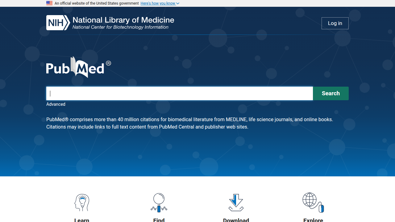 The PubMed.ncbi.nlm.nih.gov homepage, a database for biomedical literature.