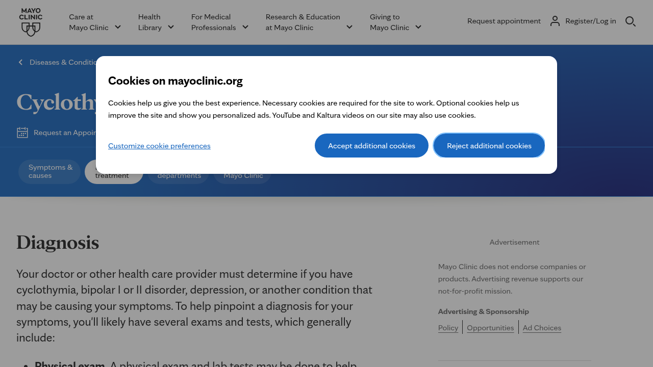 Screenshot of Mayo Clinic's trusted health information on cyclothymia diagnosis and treatment strategies.