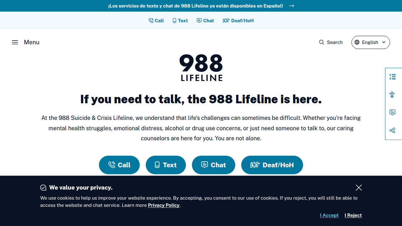 Screenshot of the 988 Suicide & Crisis Lifeline website, providing immediate support and resources for mental health crises.