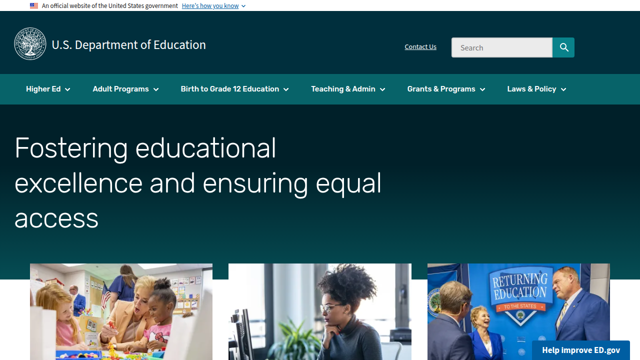 A screenshot of the U.S. Department of Education website, which provides information on protections for students with anxiety disorders.