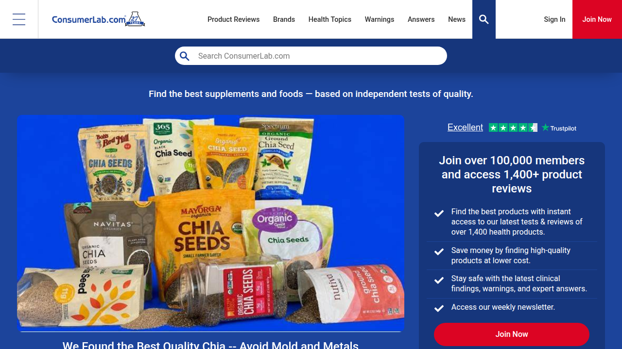 Screenshot of ConsumerLab.com homepage, a resource for independent ratings of supplements.