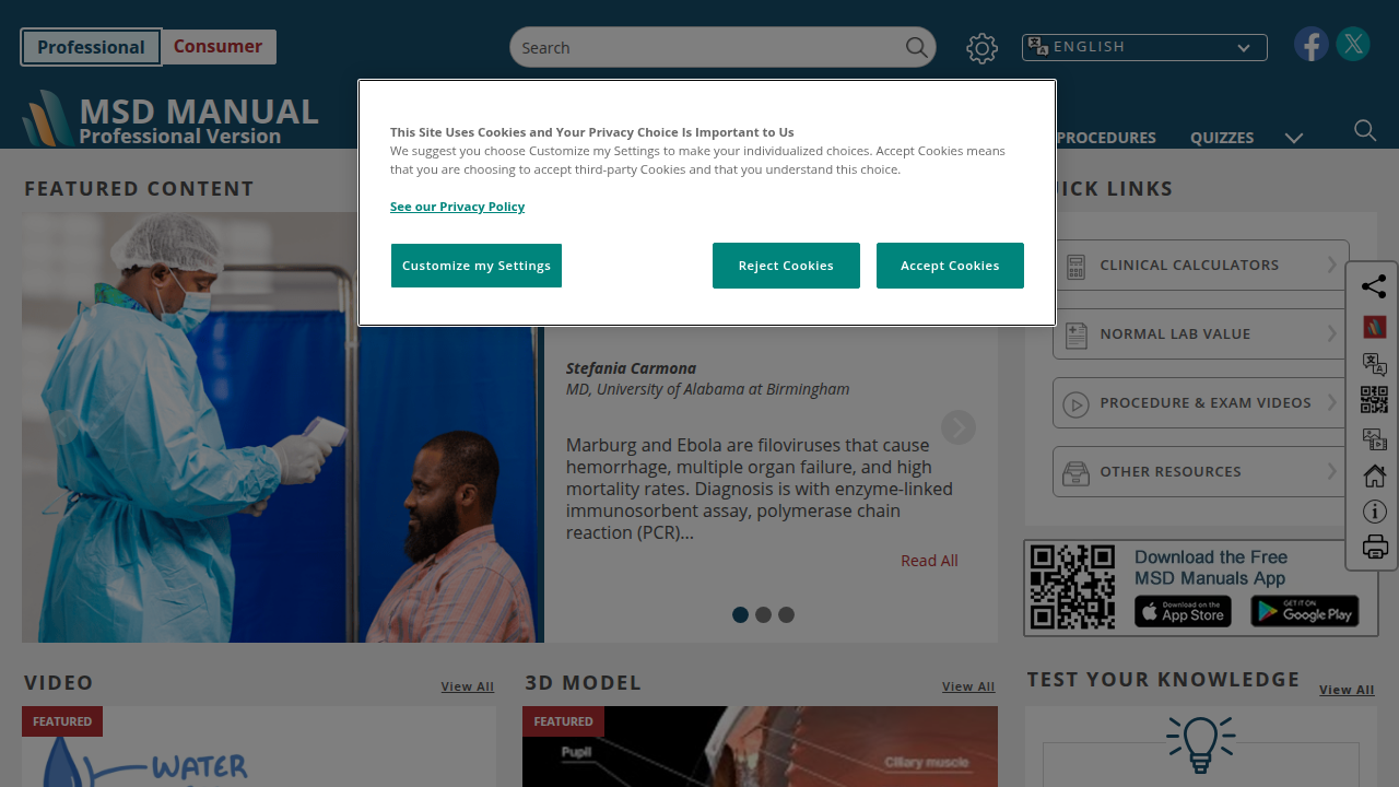 A screenshot of the MSD Manuals Professional Version homepage, a trusted resource for medical information.