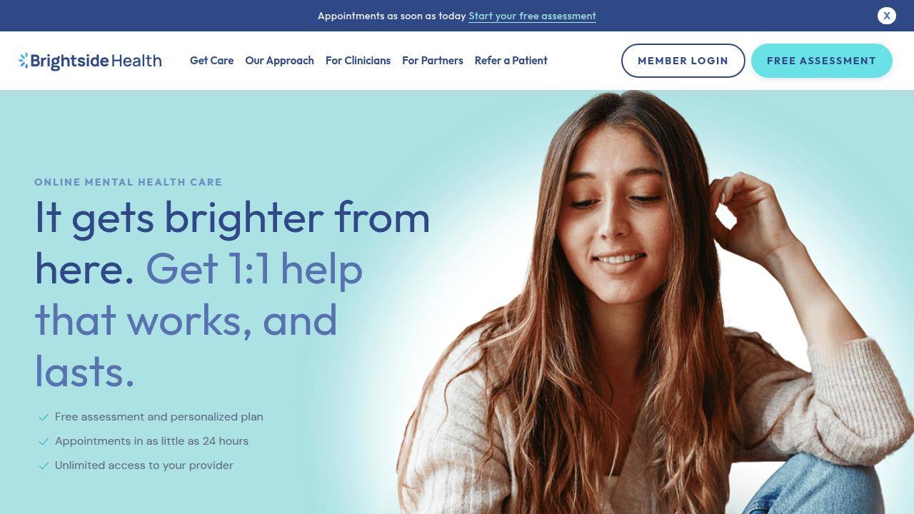 Screenshot of Brightside.com, a platform offering information and treatment for mental health conditions.