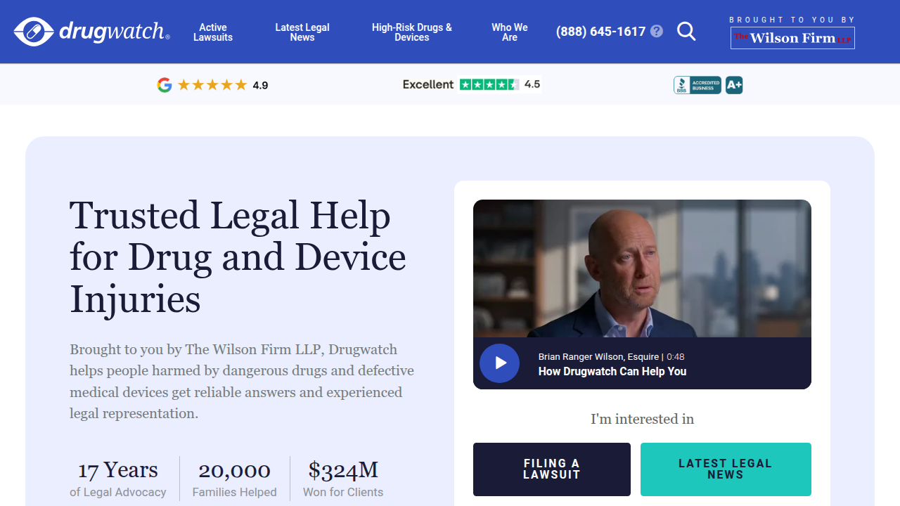 Screenshot of Drugwatch.com, a resource for information on medication side effects and safety warnings.