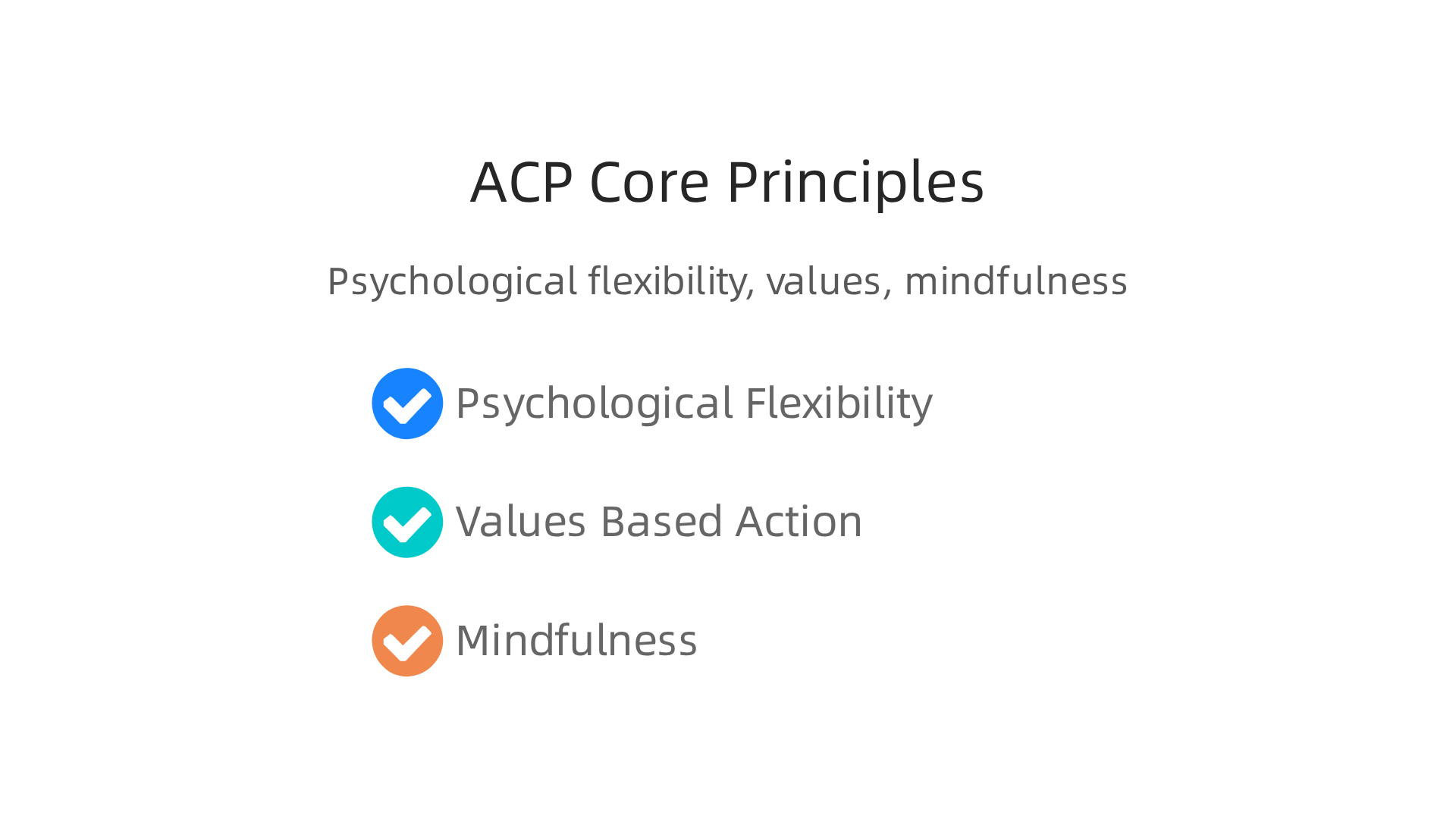 Acceptance and Commitment Process (ACP) is built on three core principles: psychological flexibility, values-based action, and mindfulness.
