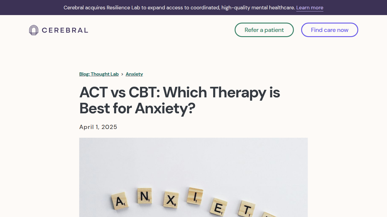 Resilience Lab article comparing Acceptance and Commitment Therapy (ACT) and Cognitive Behavioral Therapy (CBT) for anxiety.