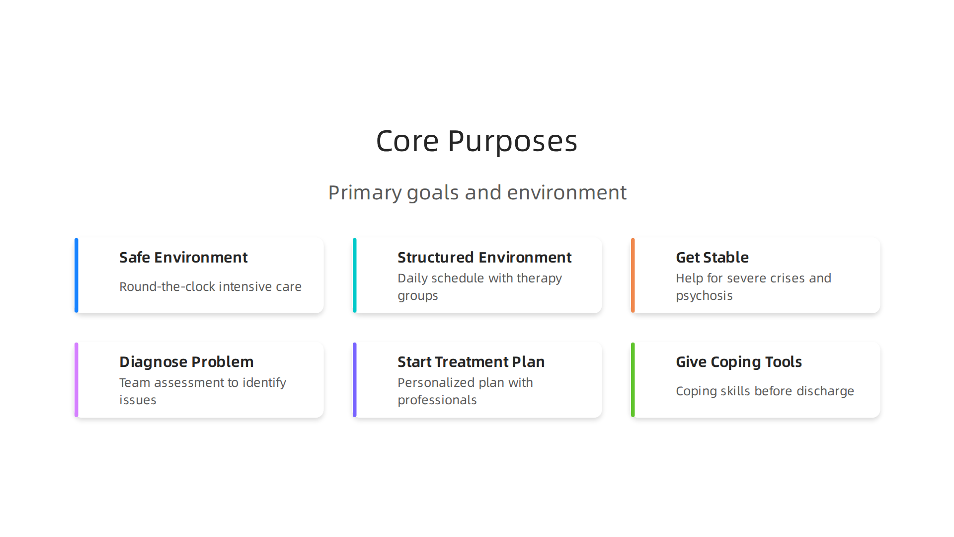 An infographic illustrating the primary objectives and environment provided by mental health hospitals.