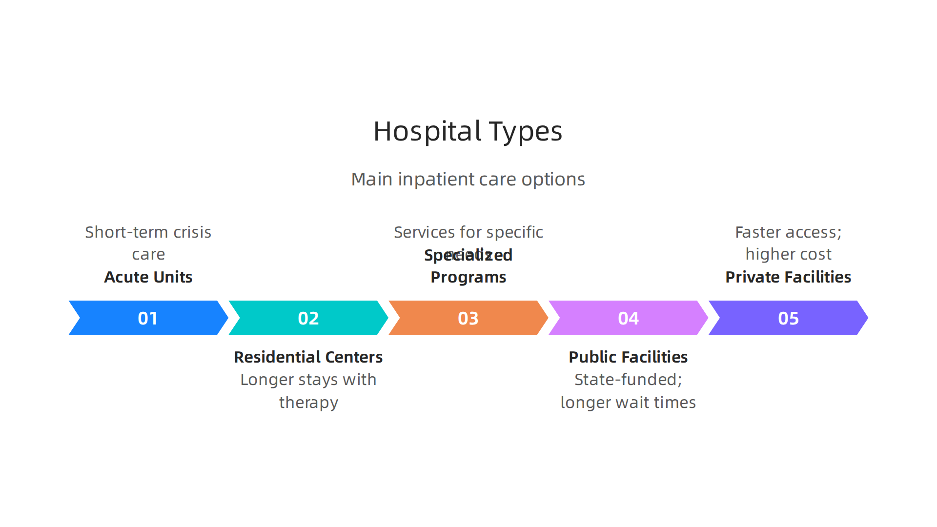 Infographic categorizing different types of mental health hospitals and their respective programs.