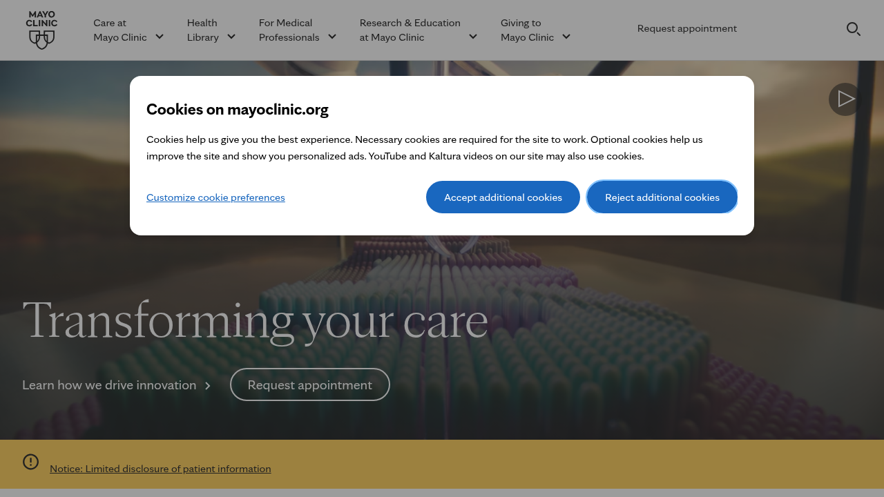 A screenshot of the Mayo Clinic homepage, a trusted source for medical information on diseases and conditions like depression.
