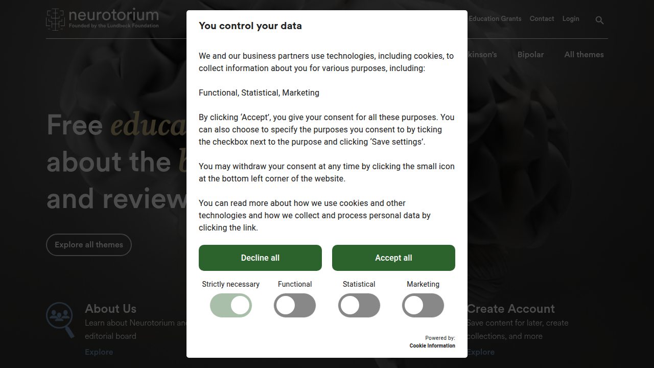 A screenshot of the Neurotorium homepage, a platform dedicated to neuroscience and related educational content.