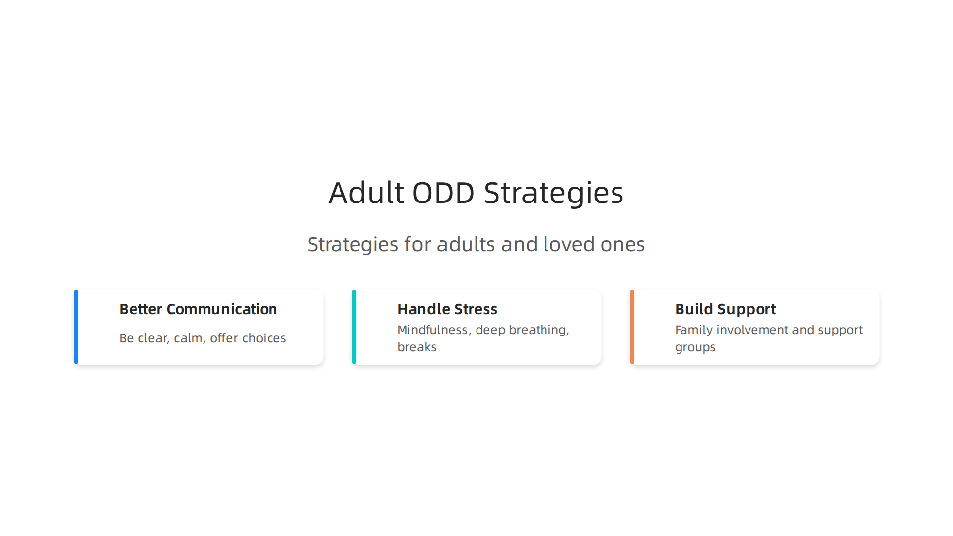 An infographic highlighting practical daily strategies for adults with ODD and their loved ones to improve communication, manage stress, and build support systems.