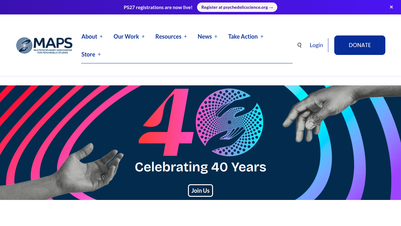 Screenshot of the Multidisciplinary Association for Psychedelic Studies (MAPS) website, a leader in psychedelic research.