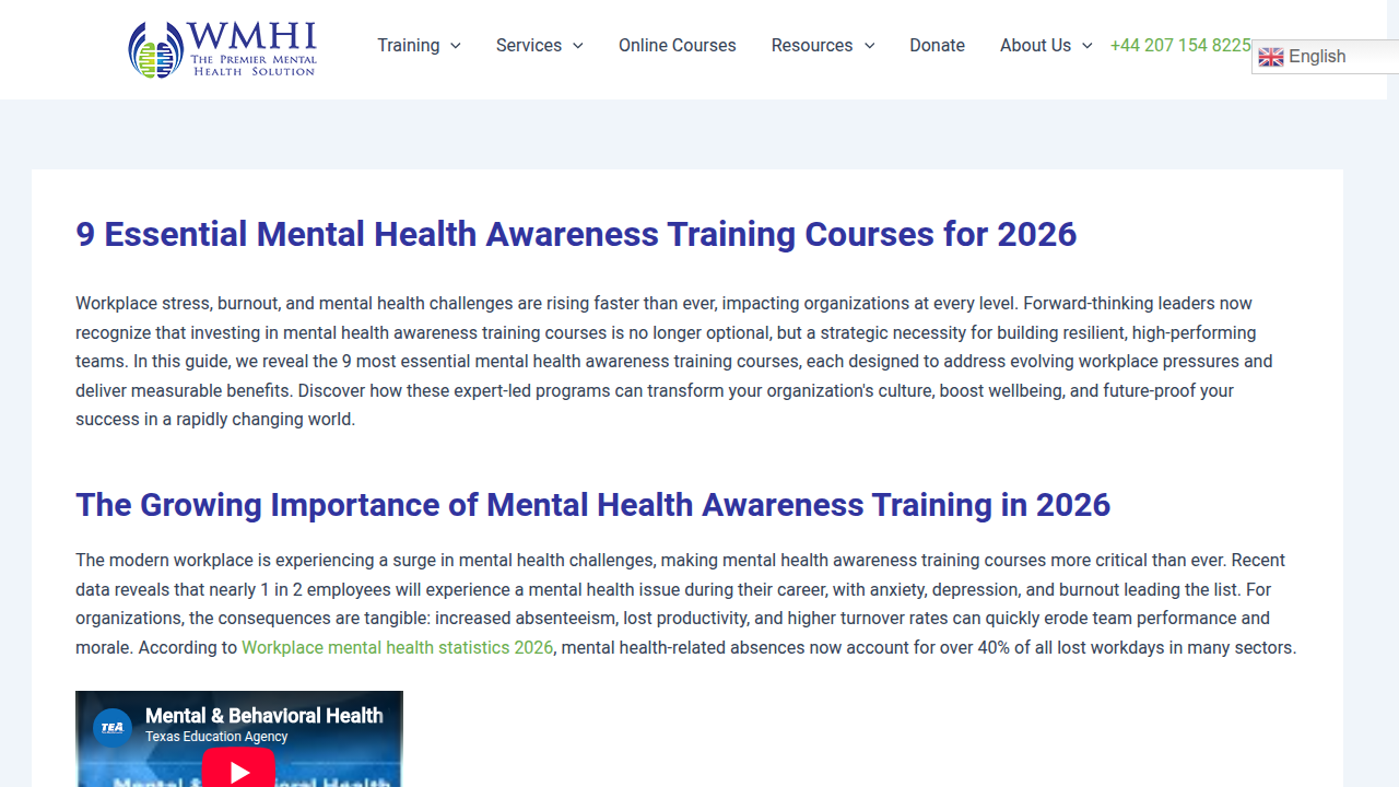 Screenshot of The World Mental Health Initiative (WMHI) website, showcasing available mental health awareness training courses.