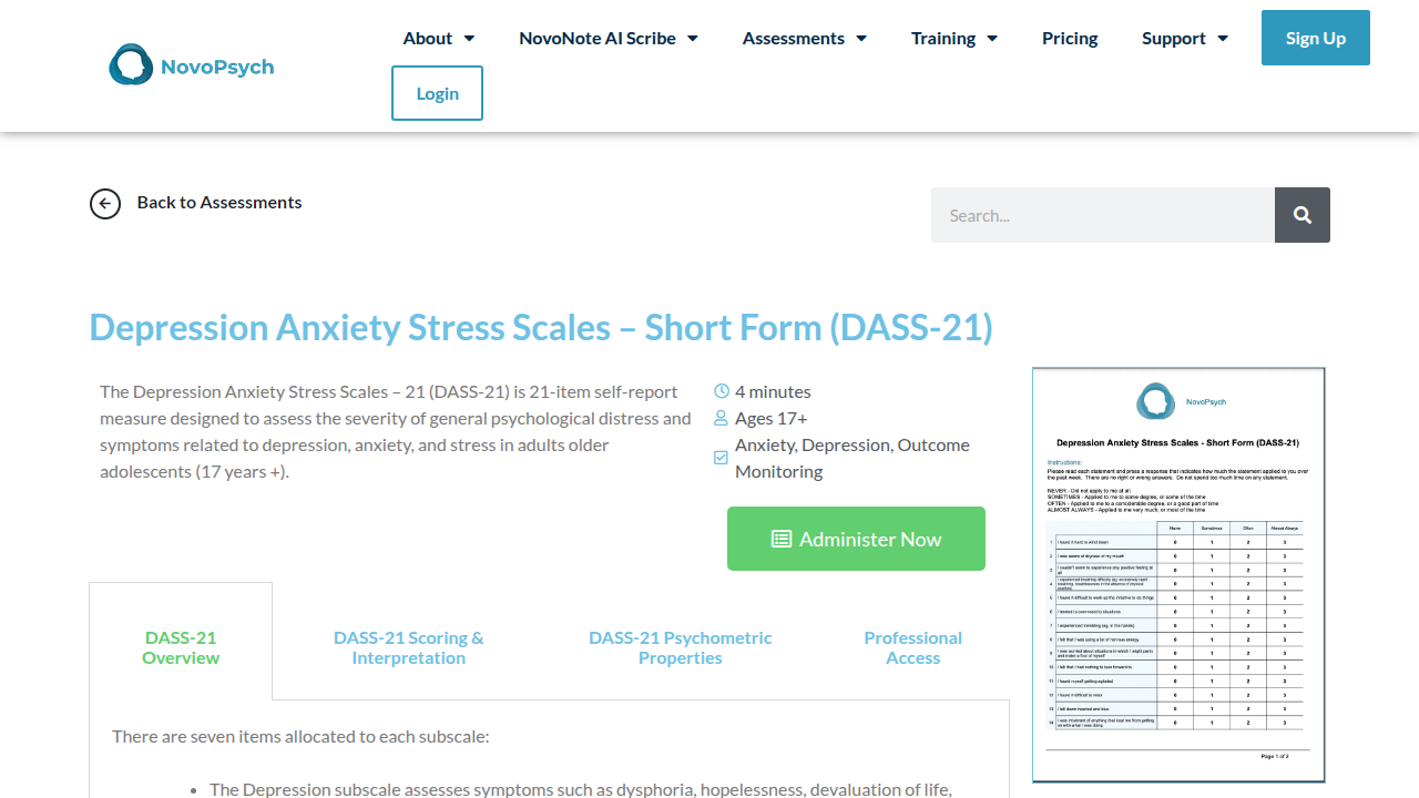 Screenshot of the Novopsych page for Depression Anxiety Stress Scales (DASS-21), a tool for assessing psychological distress.