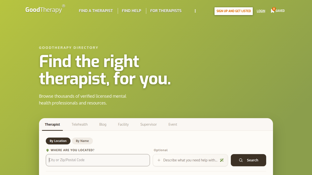 Homepage of GoodTherapy, a reputable platform for finding therapists and mental health resources.