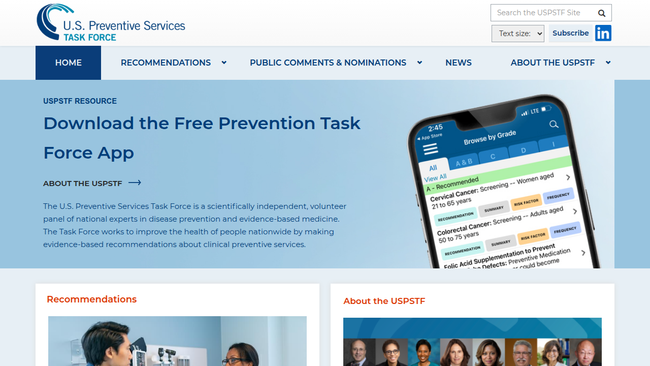 Visit the homepage of the US Preventive Services Task Force for evidence-based recommendations on preventive care.
