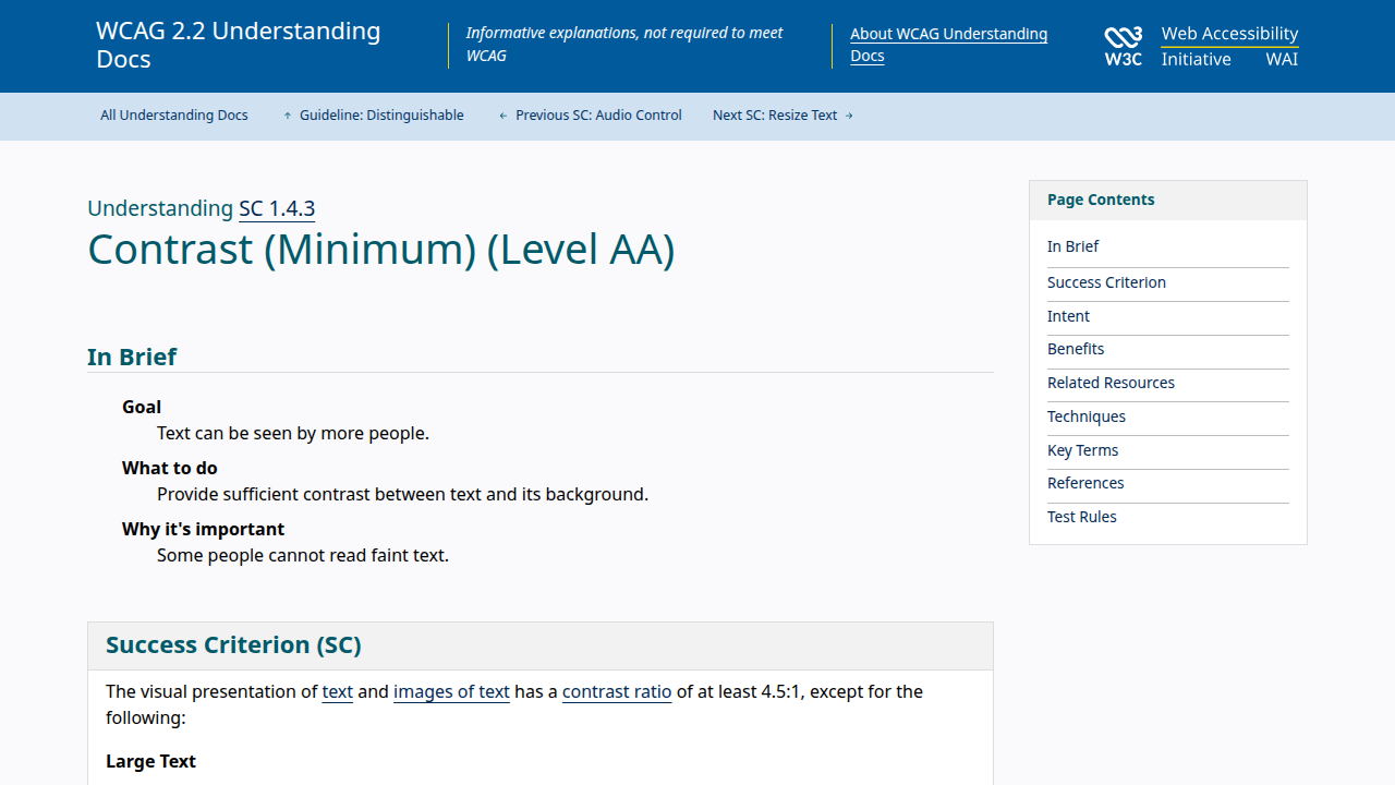 Screenshot of the W3C Web Content Accessibility Guidelines (WCAG) explaining contrast minimums for text readability.