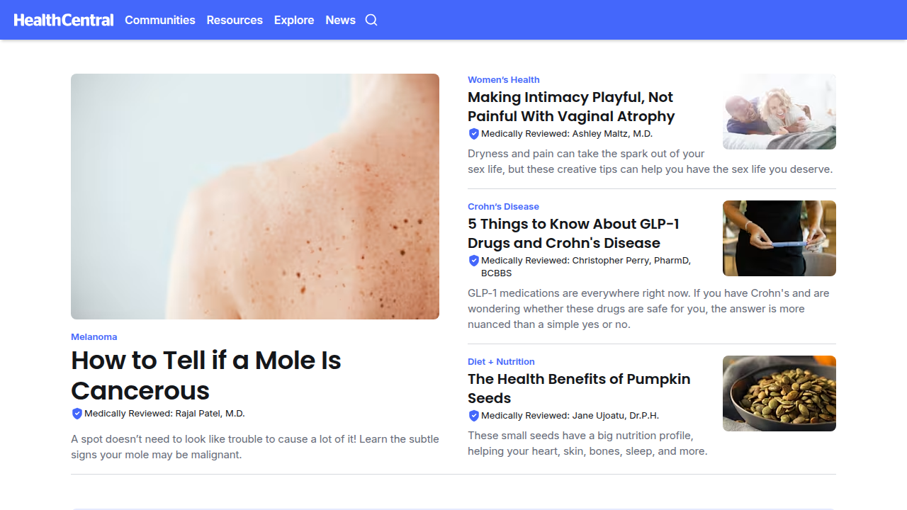 The homepage of HealthCentral.com, a health information website, relevant for understanding medication functions.