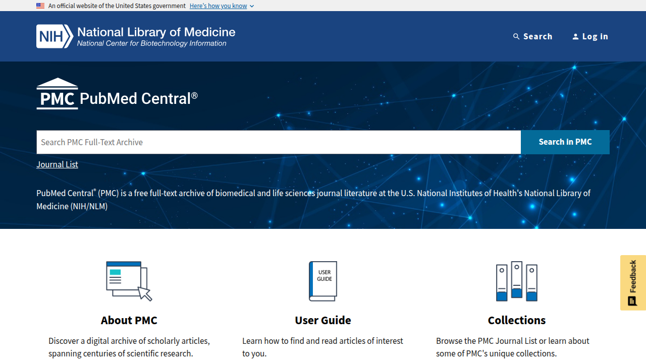 The homepage of PubMed Central (PMC), a free full-text archive of biomedical and life sciences journal literature at the U.S. National Institutes of Health's National Library of Medicine (NIH/NLM).