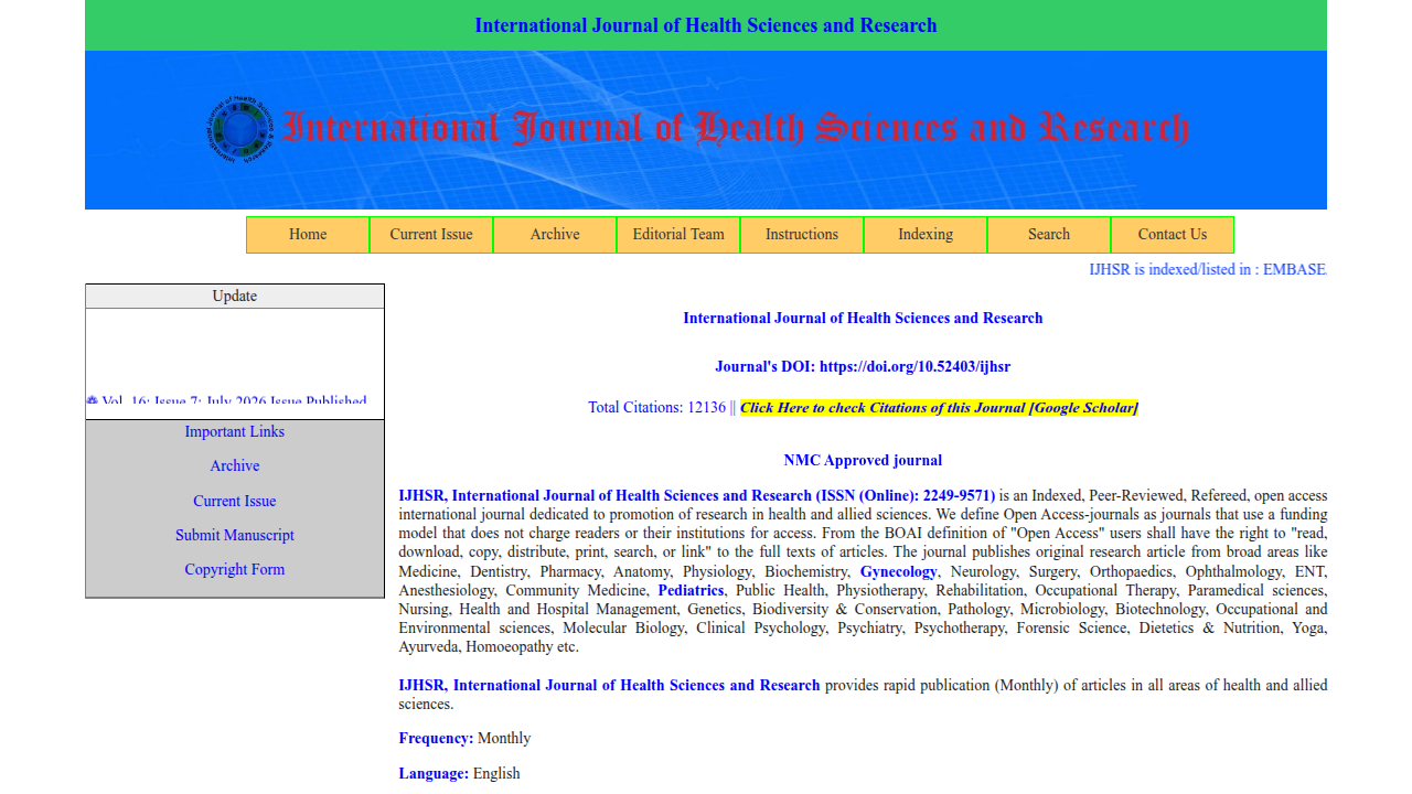 A screenshot of the International Journal of Health Sciences and Research homepage, showcasing a focus on health studies.