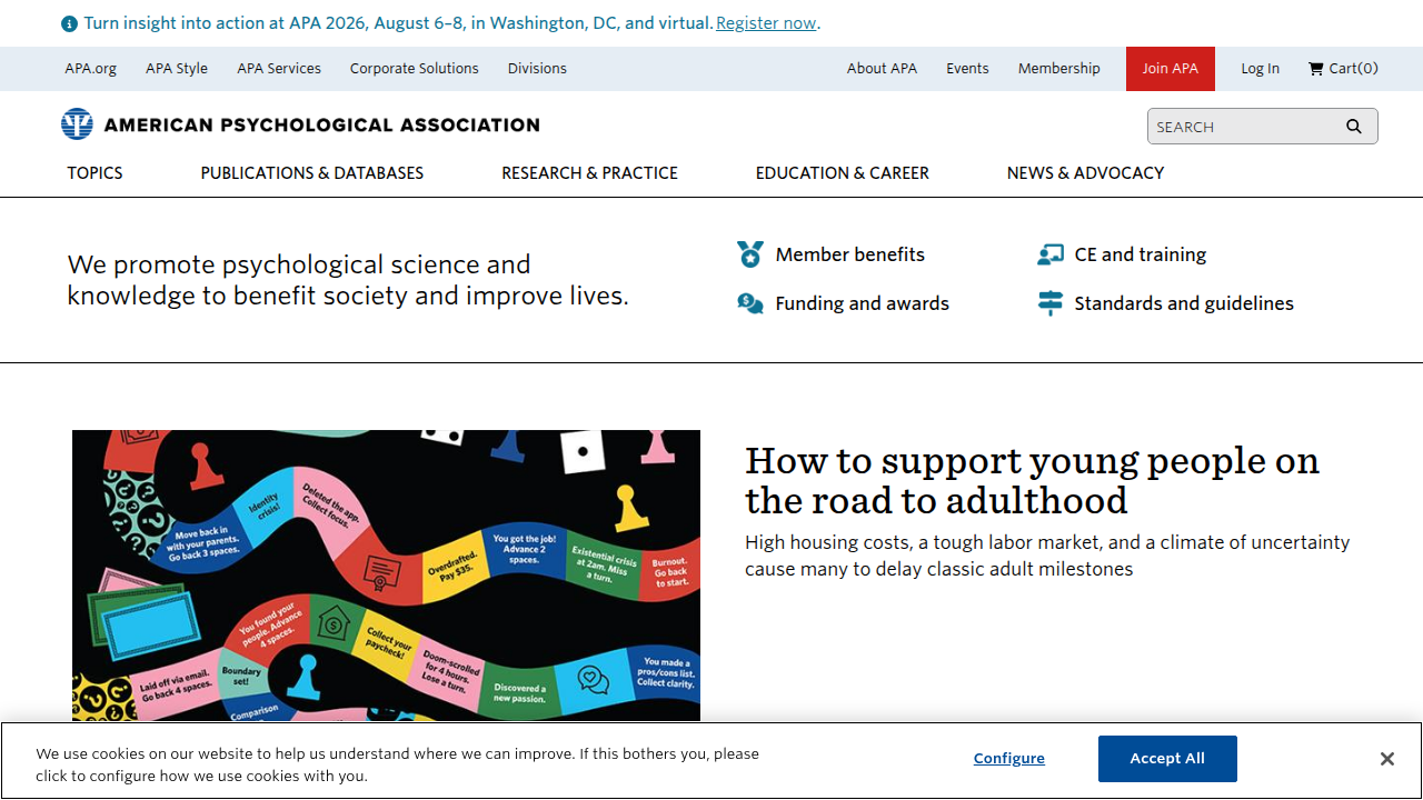 The American Psychological Association website, a key source for research on mental health and well-being.